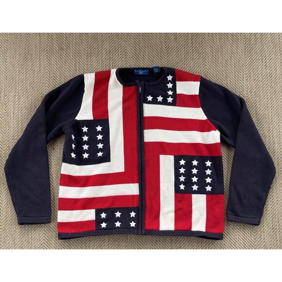 Karen Scott American Flag USA Grandma Sweater Womens Large Full Zip Patriotic - Picture 1 of 5